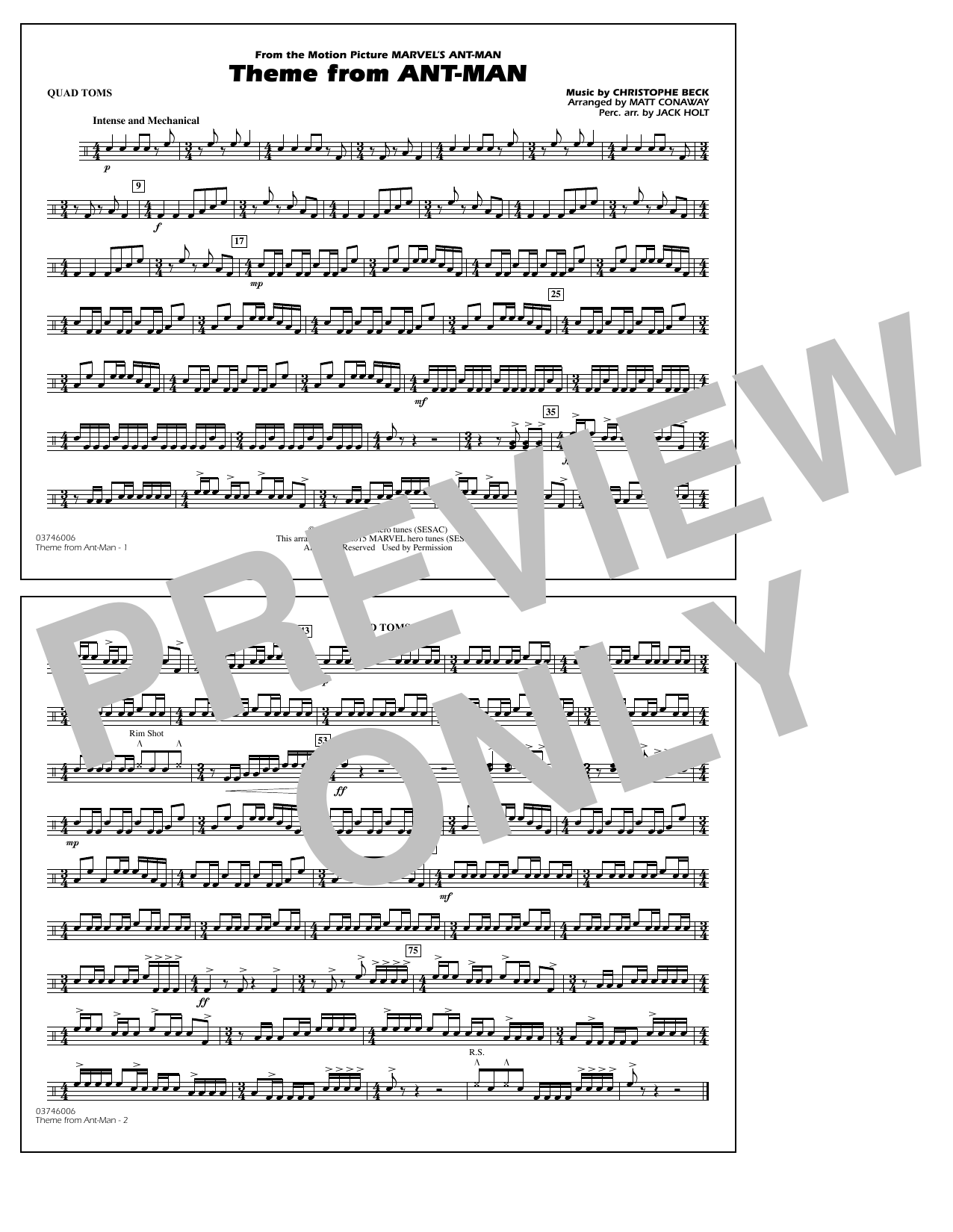 Download Christophe Beck Theme from Ant-Man (Arr. Matt Conaway) - Quad Toms Sheet Music and learn how to play Marching Band PDF digital score in minutes