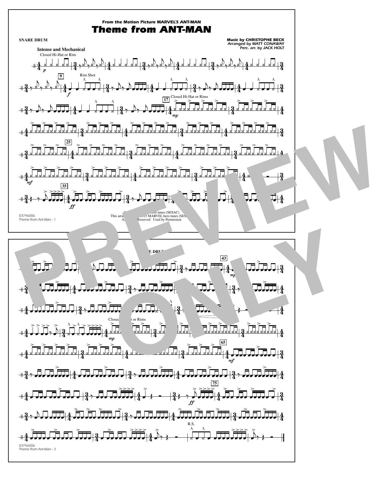 Download Christophe Beck Theme from Ant-Man (Arr. Matt Conaway) - Snare Drum Sheet Music and learn how to play Marching Band PDF digital score in minutes