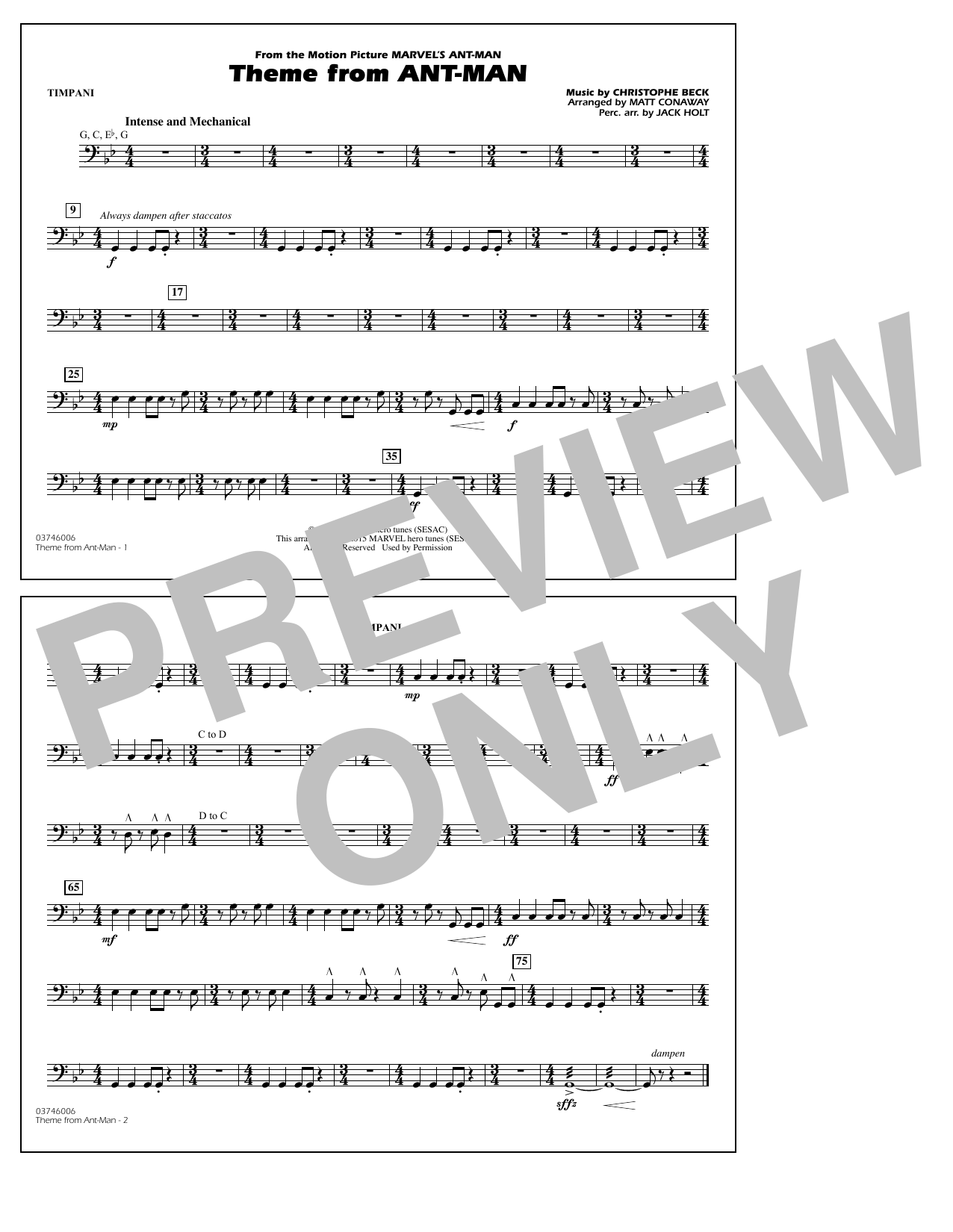Download Christophe Beck Theme from Ant-Man (Arr. Matt Conaway) - Timpani Sheet Music and learn how to play Marching Band PDF digital score in minutes