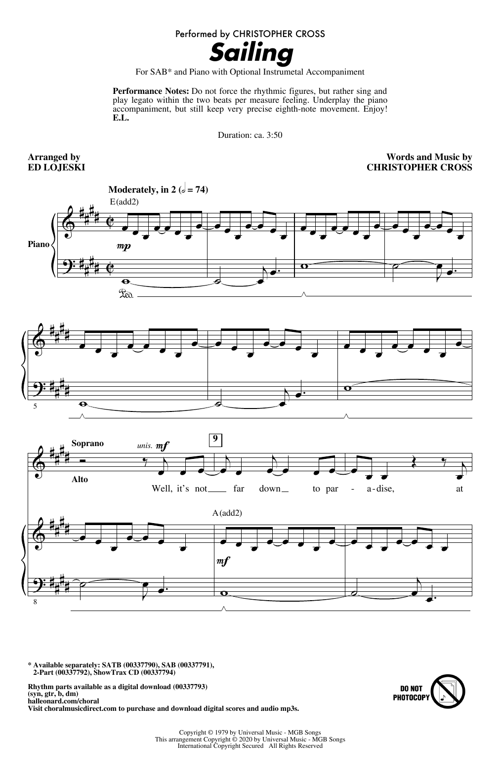 Download Christopher Cross Sailing (arr. Ed Lojeski) Sheet Music and learn how to play 2-Part Choir PDF digital score in minutes