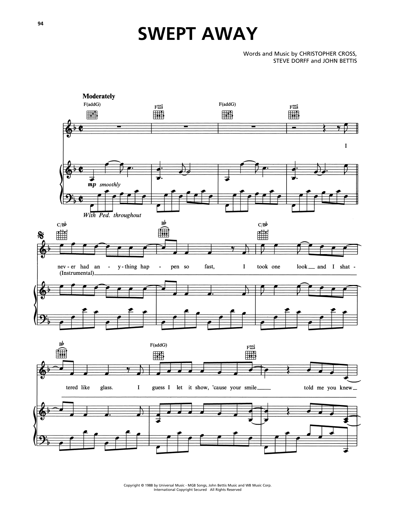 Download Christopher Cross Swept Away Sheet Music and learn how to play Piano, Vocal & Guitar Chords (Right-Hand Melody) PDF digital score in minutes