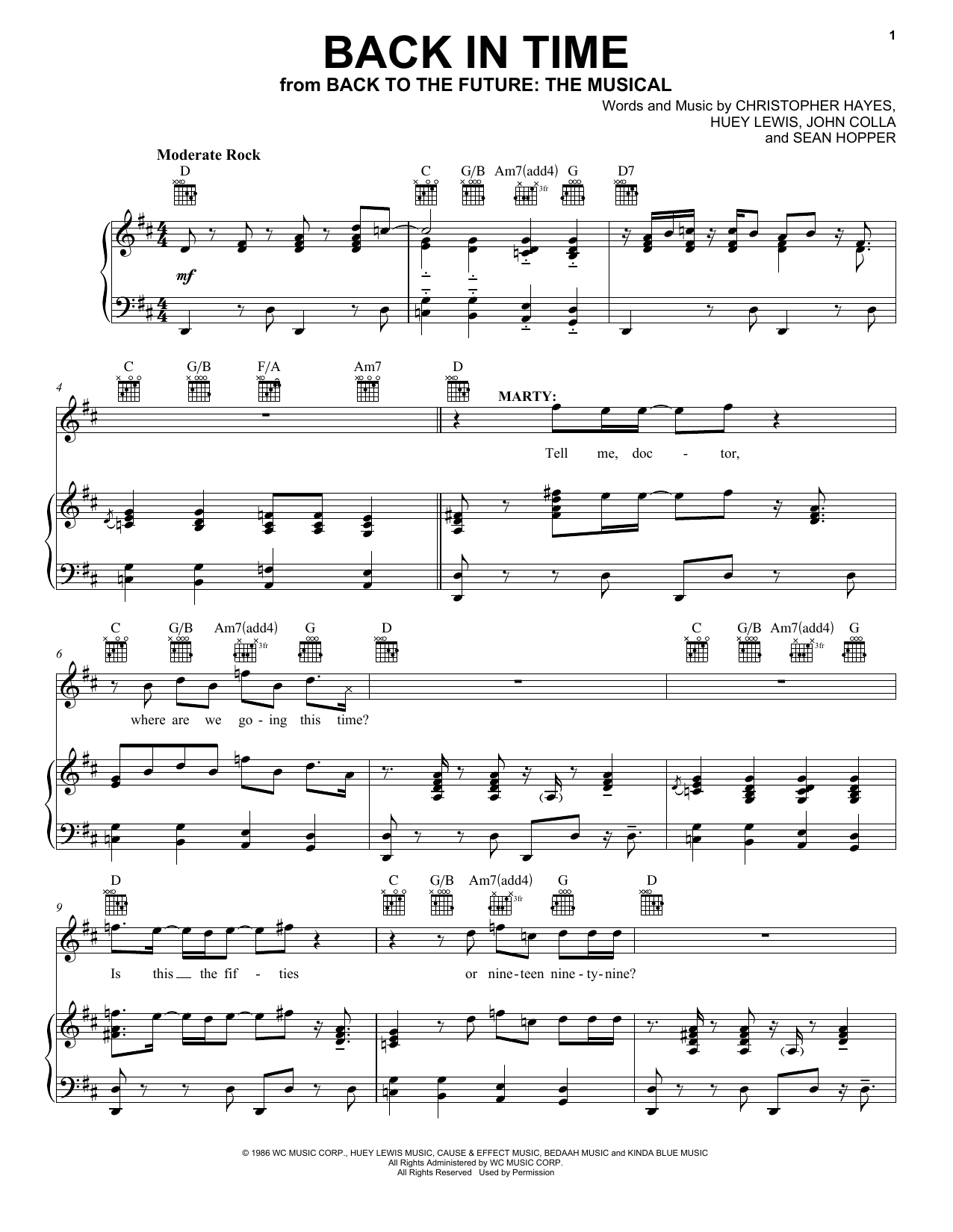 Download Christopher Hayes Back In Time (from Back To The Future: The Musical) Sheet Music and learn how to play Piano, Vocal & Guitar Chords (Right-Hand Melody) PDF digital score in minutes