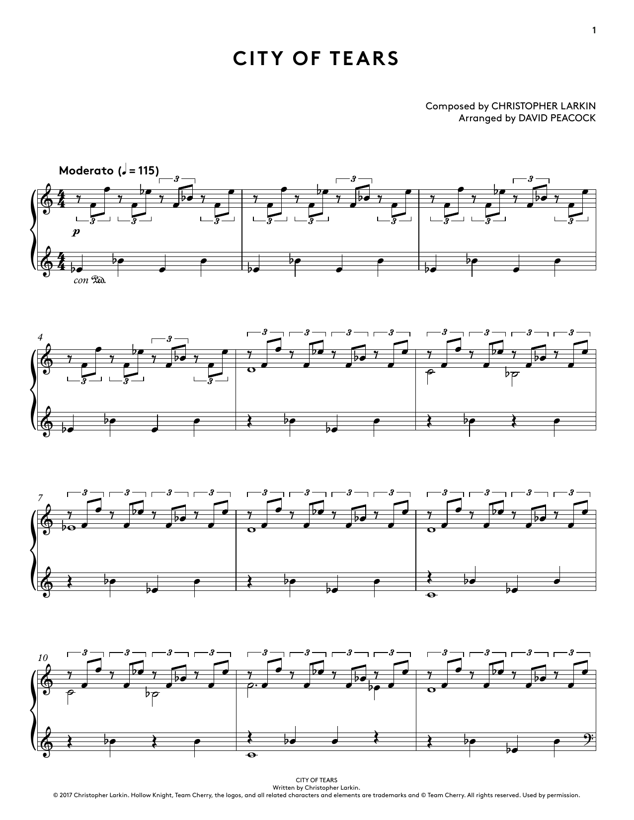 Download Christopher Larkin City of Tears (from Hollow Knight Piano Collections) (arr. David Peacock) Sheet Music and learn how to play Piano Solo PDF digital score in minutes