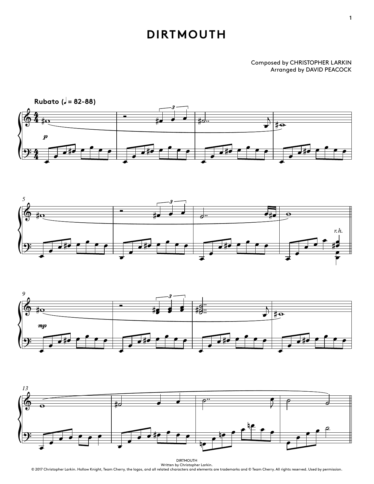 Download Christopher Larkin Dirtmouth (from Hollow Knight Piano Collections) (arr. David Peacock) Sheet Music and learn how to play Piano Solo PDF digital score in minutes