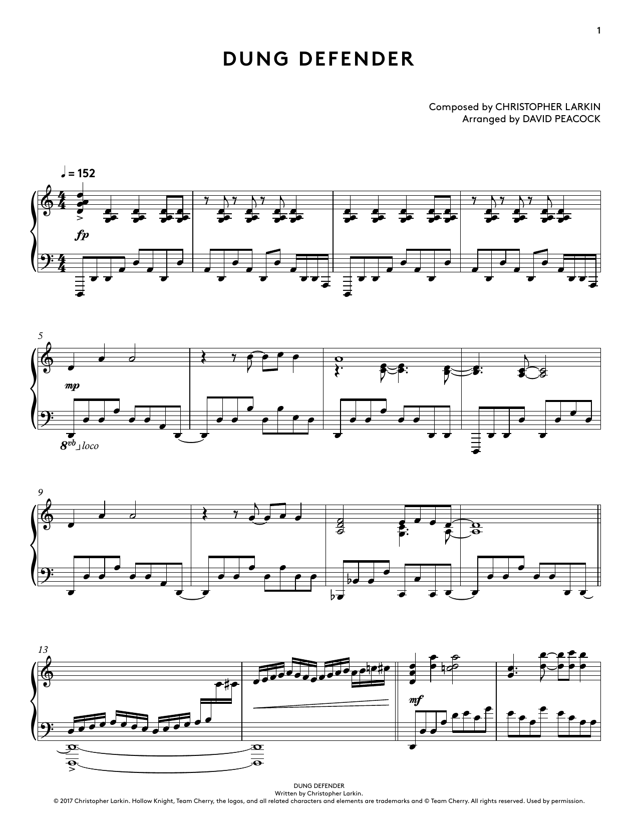 Download Christopher Larkin Dung Defender (from Hollow Knight Piano Collections) (arr. David Peacock) Sheet Music and learn how to play Piano Solo PDF digital score in minutes