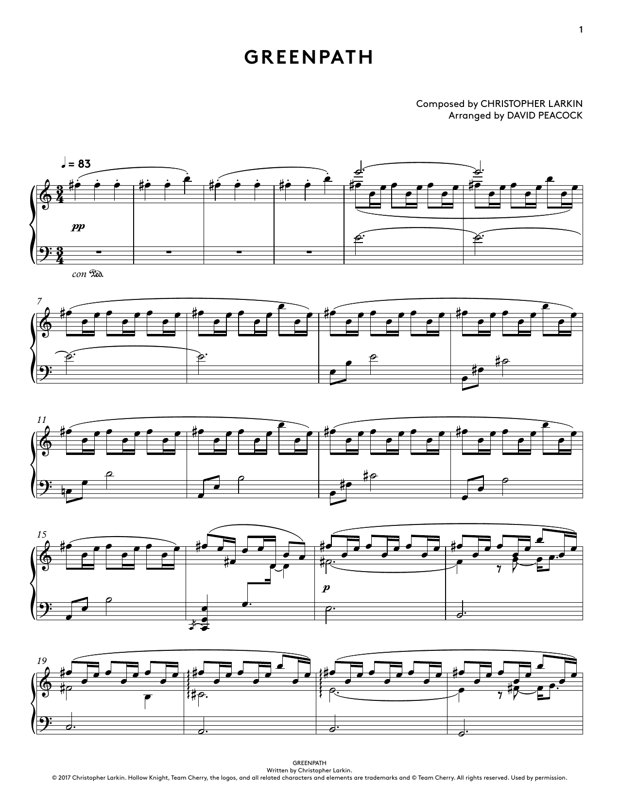 Download Christopher Larkin Greenpath (from Hollow Knight Piano Collections) (arr. David Peacock) Sheet Music and learn how to play Piano Solo PDF digital score in minutes