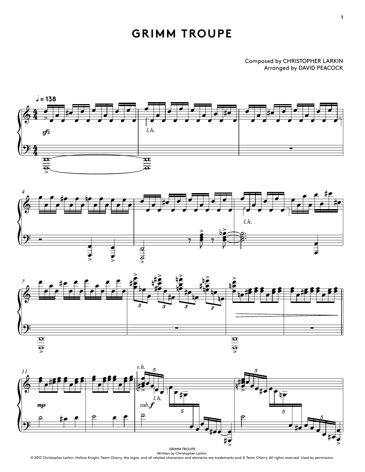 Download Christopher Larkin Grimm Troupe (from Hollow Knight Piano Collections) (arr. David Peacock) Sheet Music and learn how to play Piano Solo PDF digital score in minutes