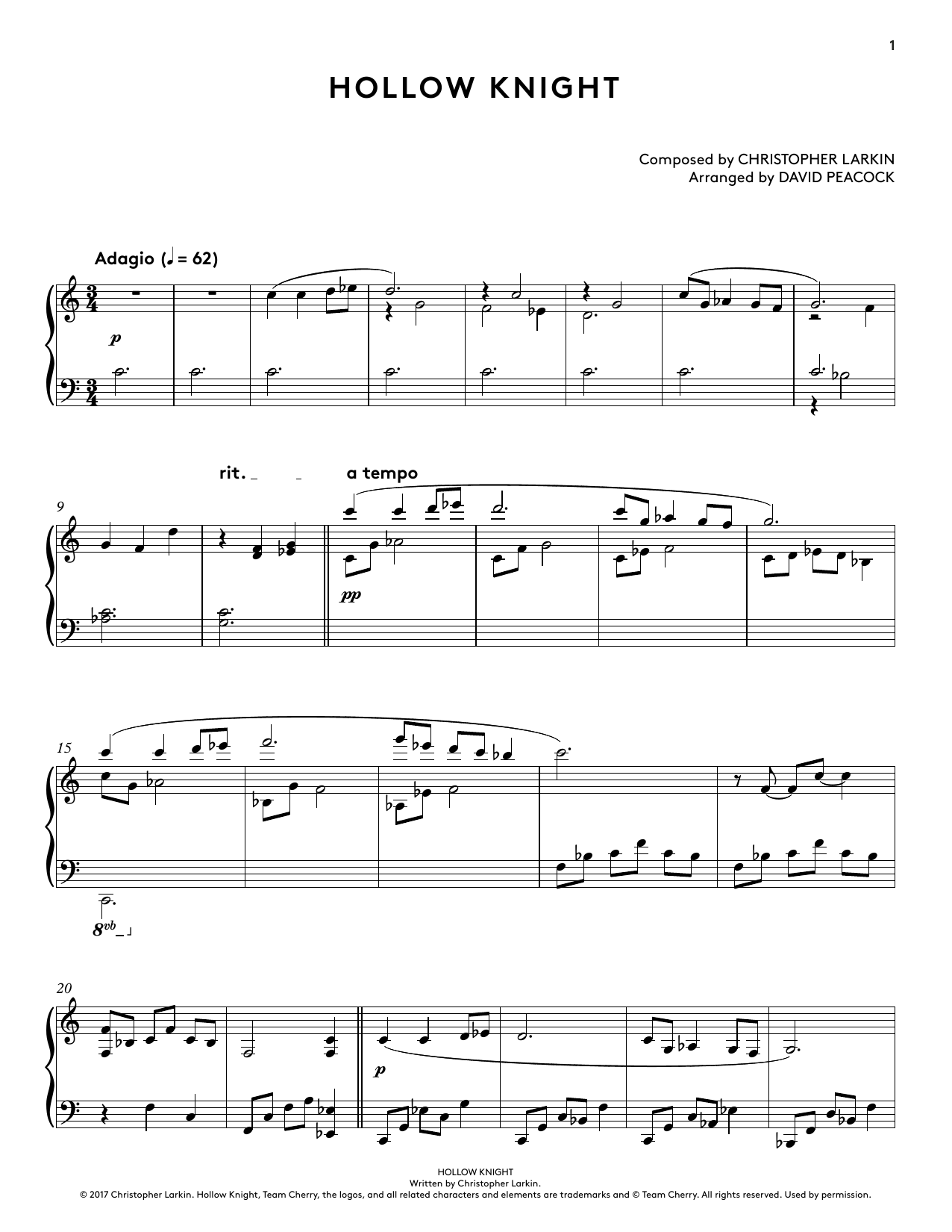 Download Christopher Larkin Hollow Knight (from Hollow Knight Piano Collections) (arr. David Peacock) Sheet Music and learn how to play Piano Solo PDF digital score in minutes