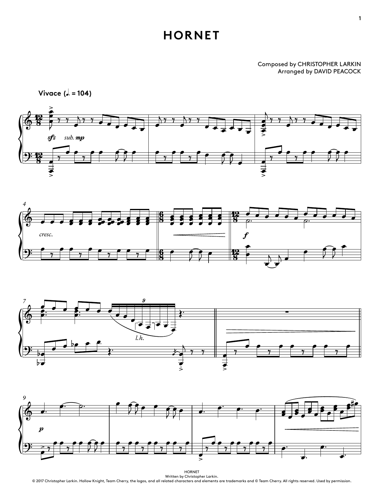 Download Christopher Larkin Hornet (from Hollow Knight Piano Collections) (arr. David Peacock) Sheet Music and learn how to play Piano Solo PDF digital score in minutes