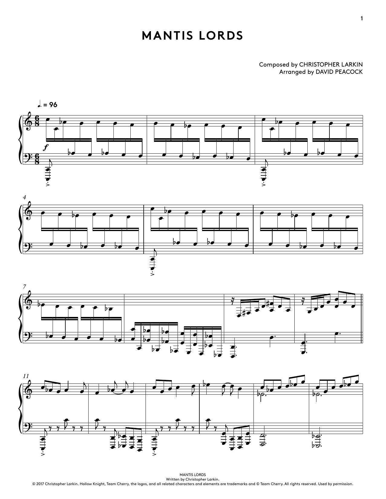 Download Christopher Larkin Mantis Lords (from Hollow Knight Piano Collections) (arr. David Peacock) Sheet Music and learn how to play Piano Solo PDF digital score in minutes