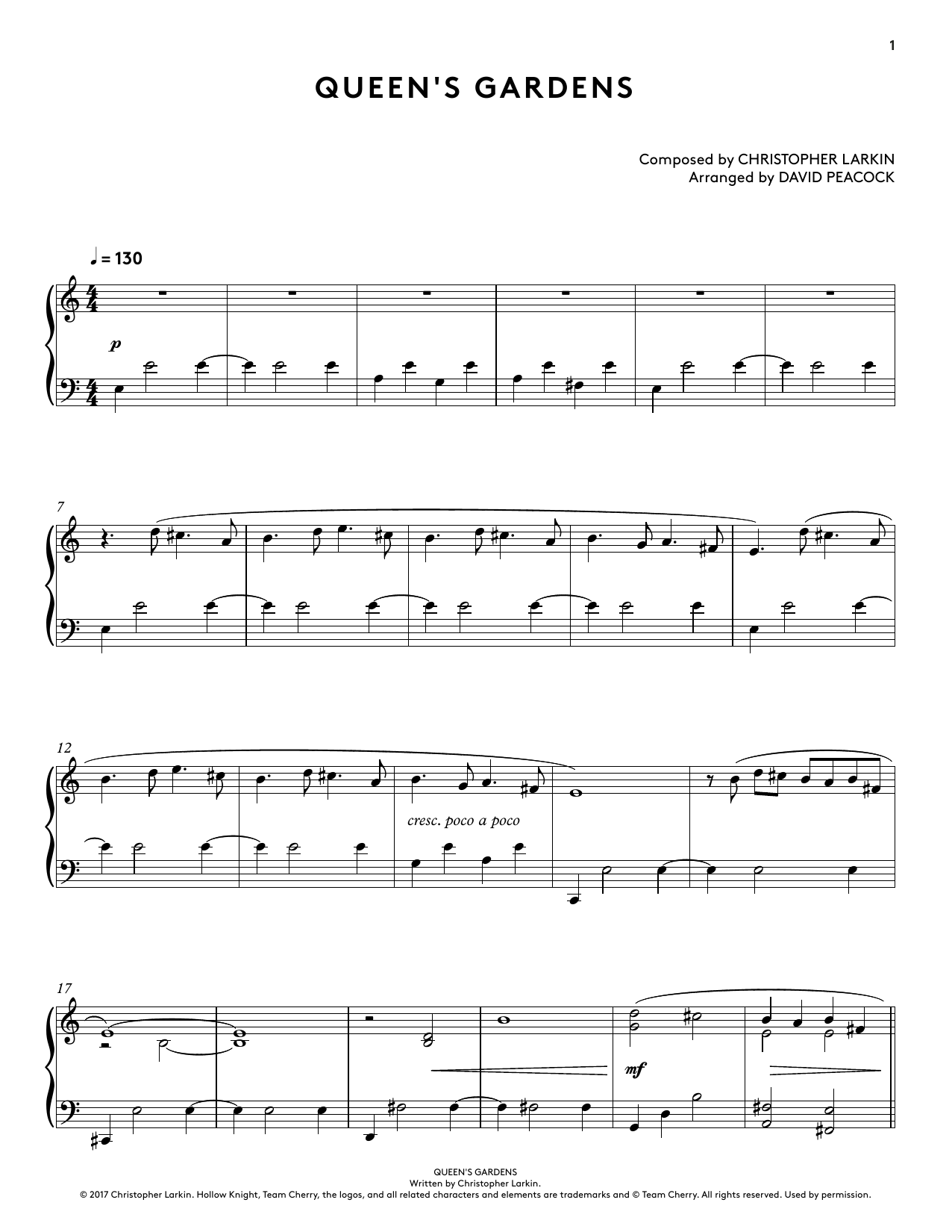 Download Christopher Larkin Queen's Gardens (from Hollow Knight Piano Collections) (arr. David Peacock) Sheet Music and learn how to play Piano Solo PDF digital score in minutes