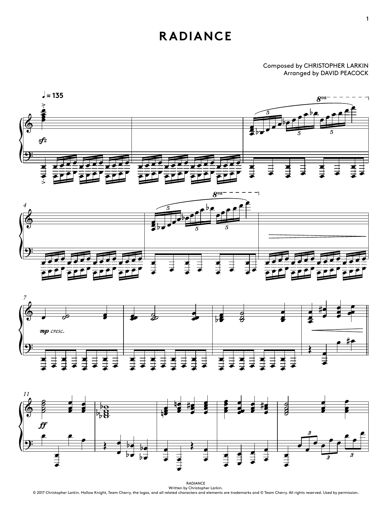 Download Christopher Larkin Radiance (from Hollow Knight Piano Collections) (arr. David Peacock) Sheet Music and learn how to play Piano Solo PDF digital score in minutes