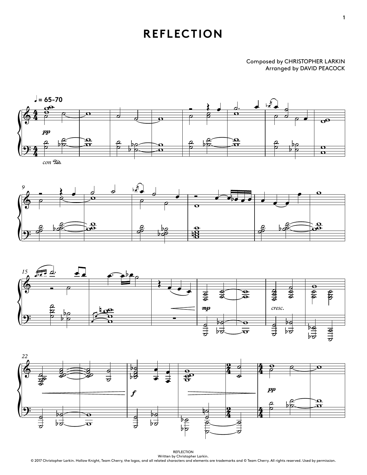 Download Christopher Larkin Reflection (from Hollow Knight Piano Collections) (arr. David Peacock) Sheet Music and learn how to play Piano Solo PDF digital score in minutes