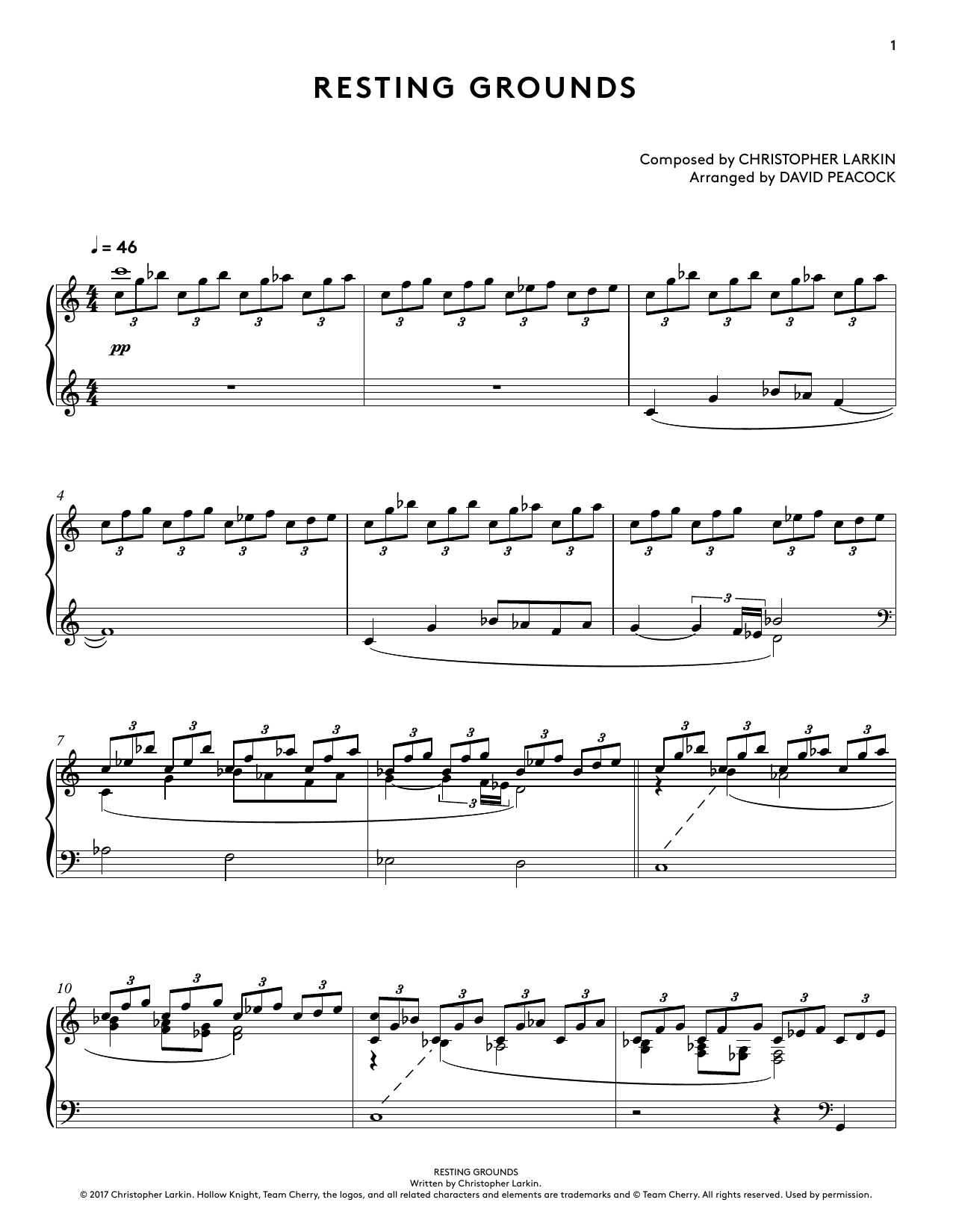 Download Christopher Larkin Resting Grounds (from Hollow Knight Piano Collections) (arr. David Peacock) Sheet Music and learn how to play Piano Solo PDF digital score in minutes