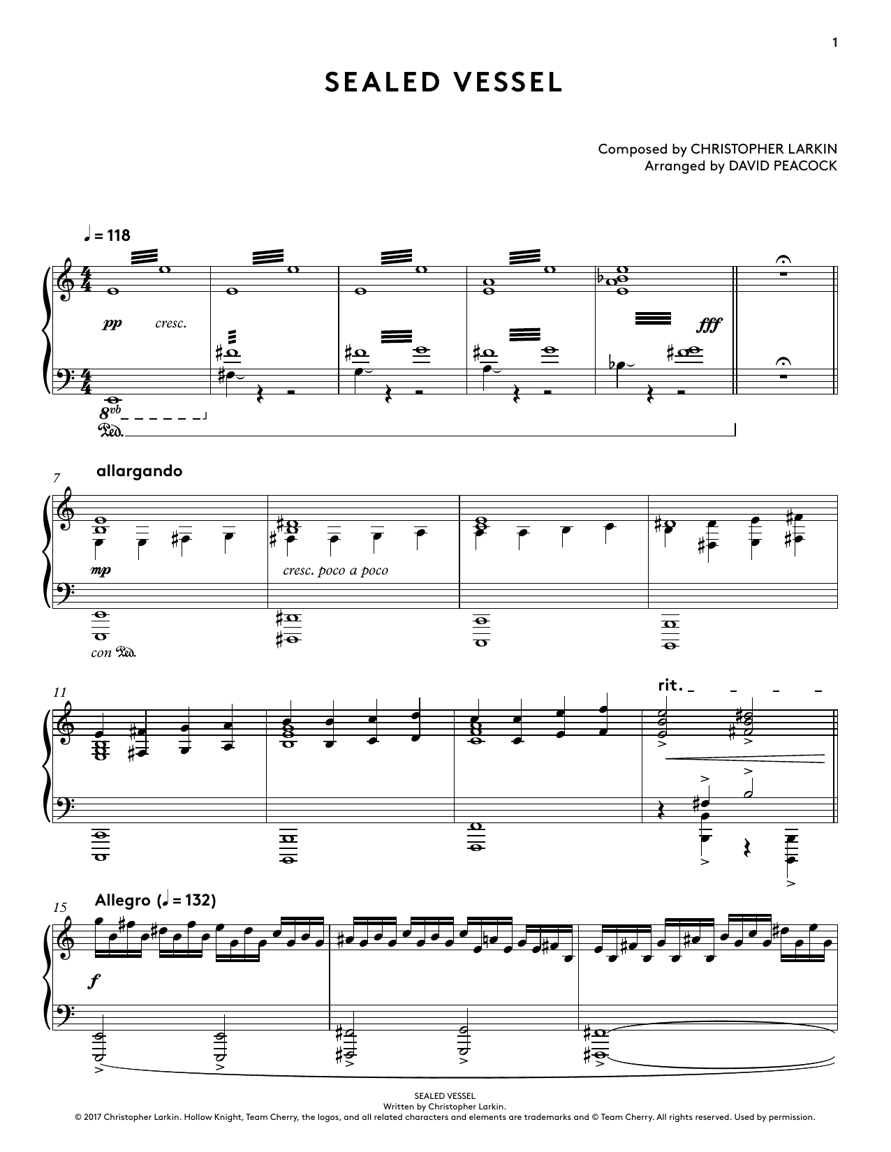 Download Christopher Larkin Sealed Vessel (from Hollow Knight Piano Collections) (arr. David Peacock) Sheet Music and learn how to play Piano Solo PDF digital score in minutes