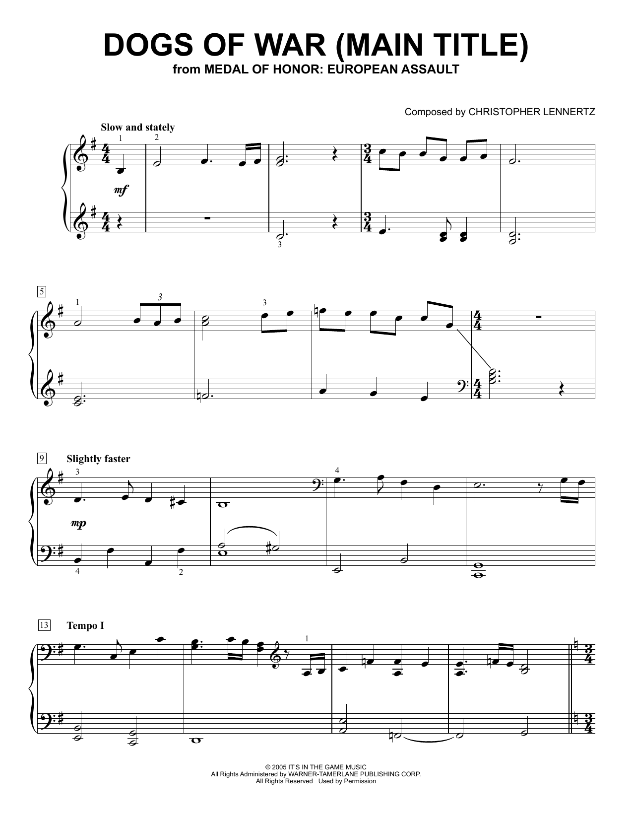 Download Christopher Lennertz Dogs Of War (Main Title) (from Medal of Honor: European Assault) Sheet Music and learn how to play Easy Piano Solo PDF digital score in minutes