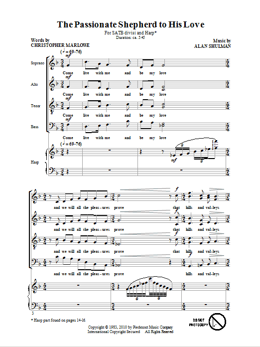 Download Alan Shulman The Passionate Shepherd To His Love Sheet Music and learn how to play SATB PDF digital score in minutes