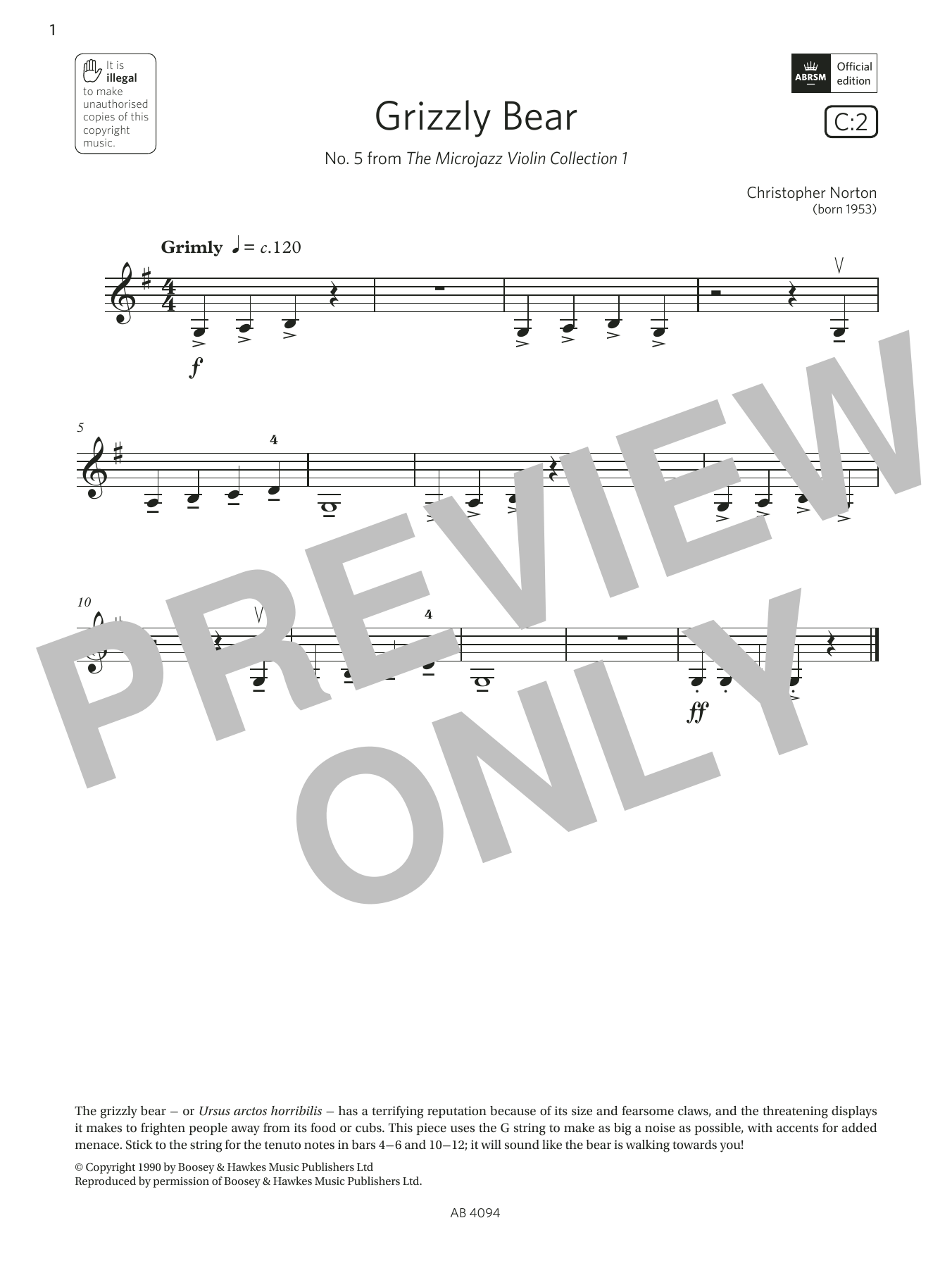 Download Christopher Norton Grizzly Bear (Grade Initial, C2, from the ABRSM Violin Syllabus from 2024) Sheet Music and learn how to play Violin Solo PDF digital score in minutes
