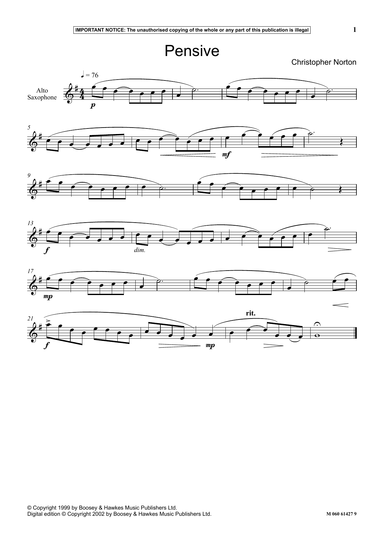 Download Christopher Norton Pensive Sheet Music and learn how to play Instrumental Solo PDF digital score in minutes