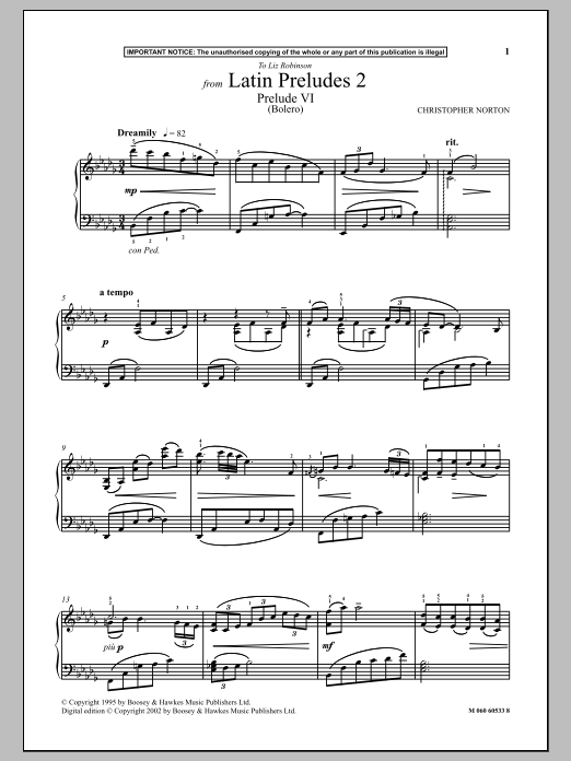 Download Christopher Norton Prelude VI (Bolero) (from Latin Preludes 2) Sheet Music and learn how to play Piano PDF digital score in minutes