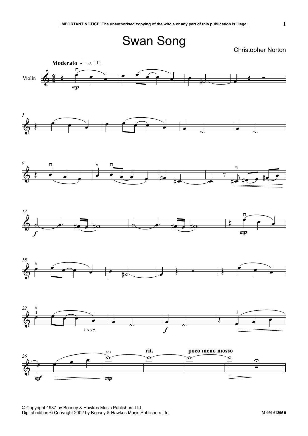 Download Christopher Norton Swan Song Sheet Music and learn how to play Instrumental Solo PDF digital score in minutes