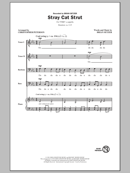 Download Brian Setzer Stray Cat Strut (arr. Christopher Peterson) Sheet Music and learn how to play TTBB PDF digital score in minutes