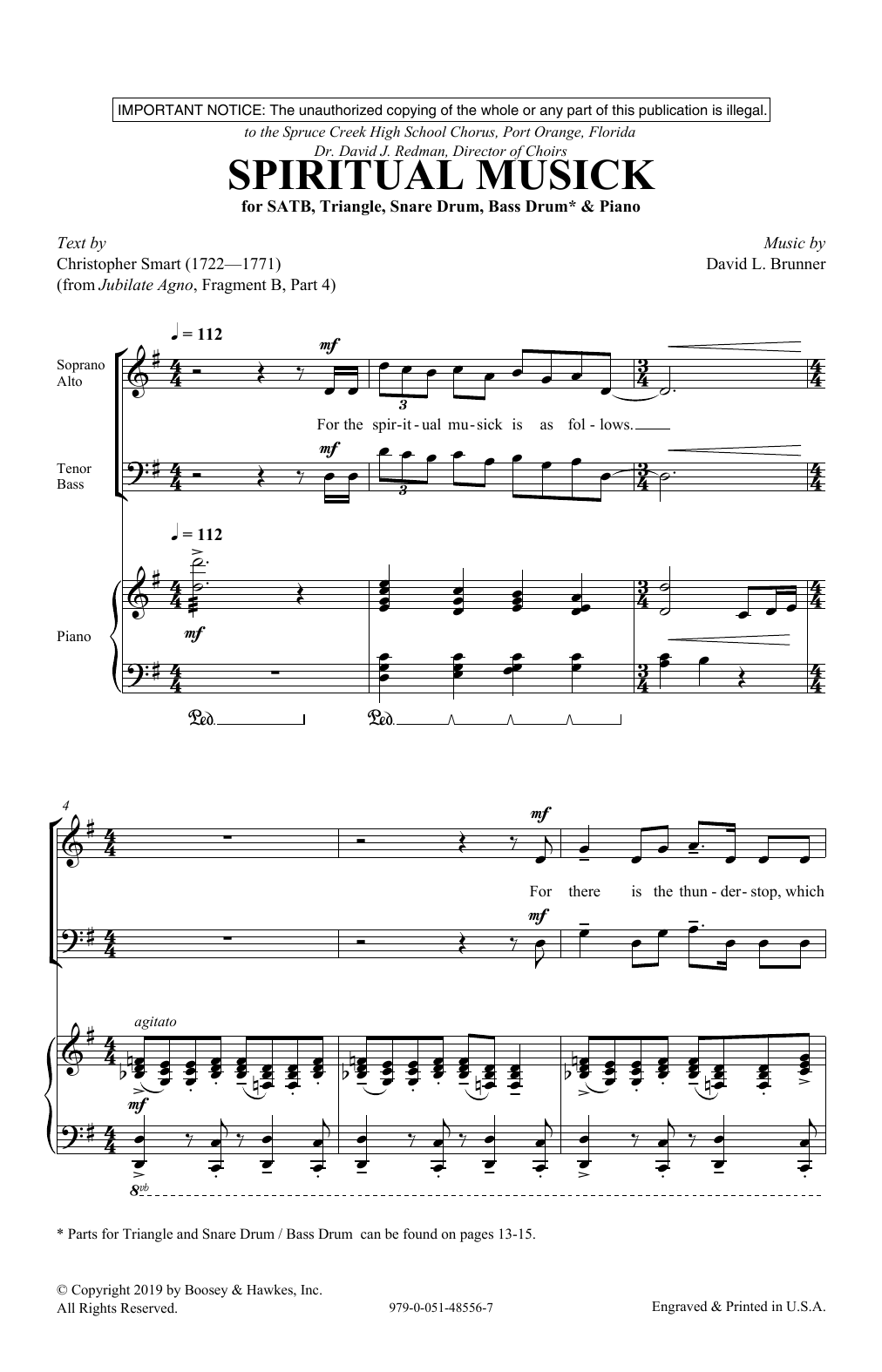 Download Christopher Smart and David L. Brunner Spiritual Musick Sheet Music and learn how to play SATB Choir PDF digital score in minutes