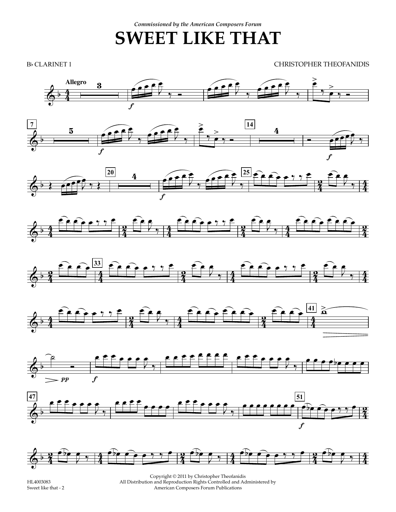 Download Christopher Theofanidis Sweet like that - Bb Clarinet 1 Sheet Music and learn how to play Concert Band PDF digital score in minutes