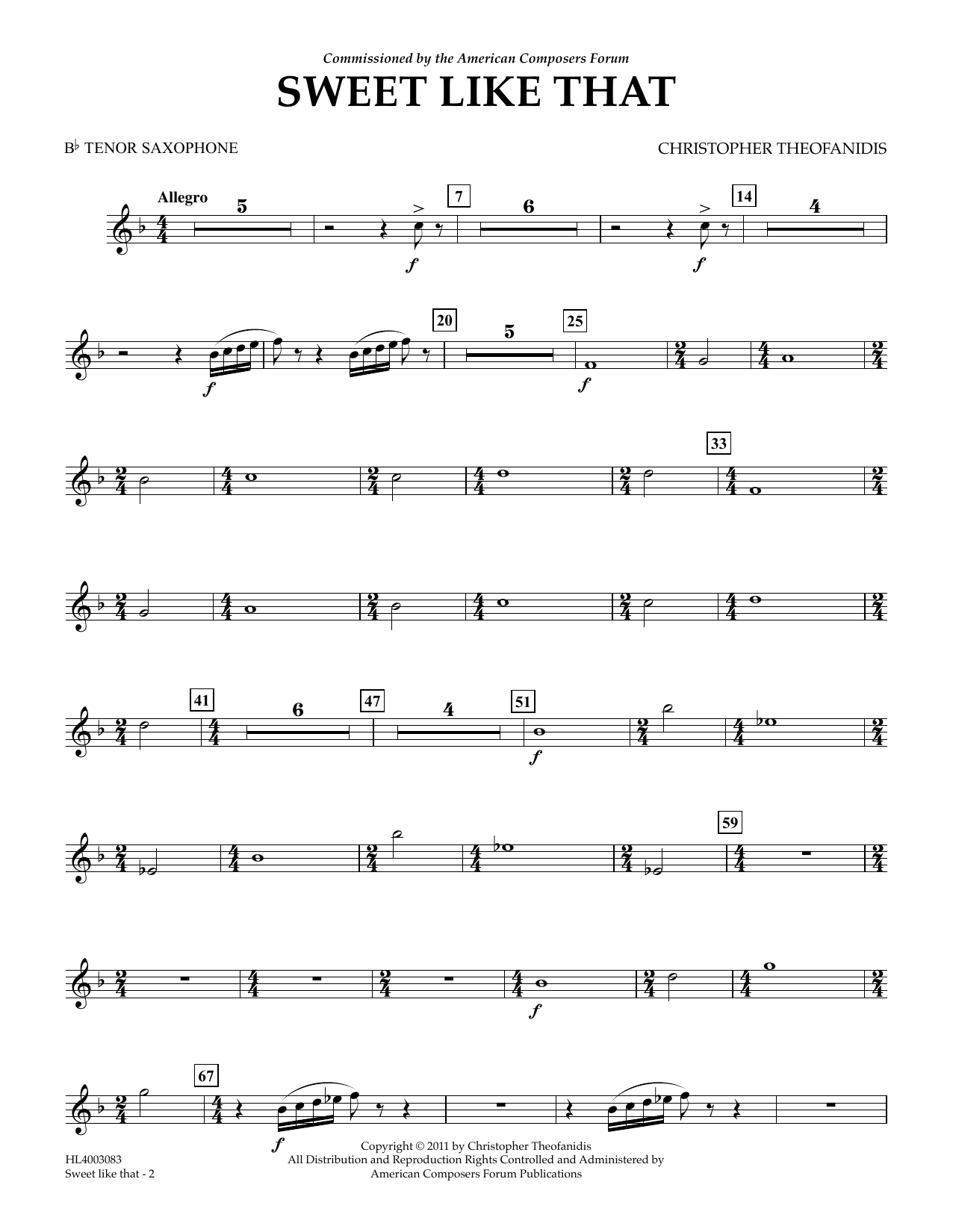 Download Christopher Theofanidis Sweet like that - Bb Tenor Sax Sheet Music and learn how to play Concert Band PDF digital score in minutes