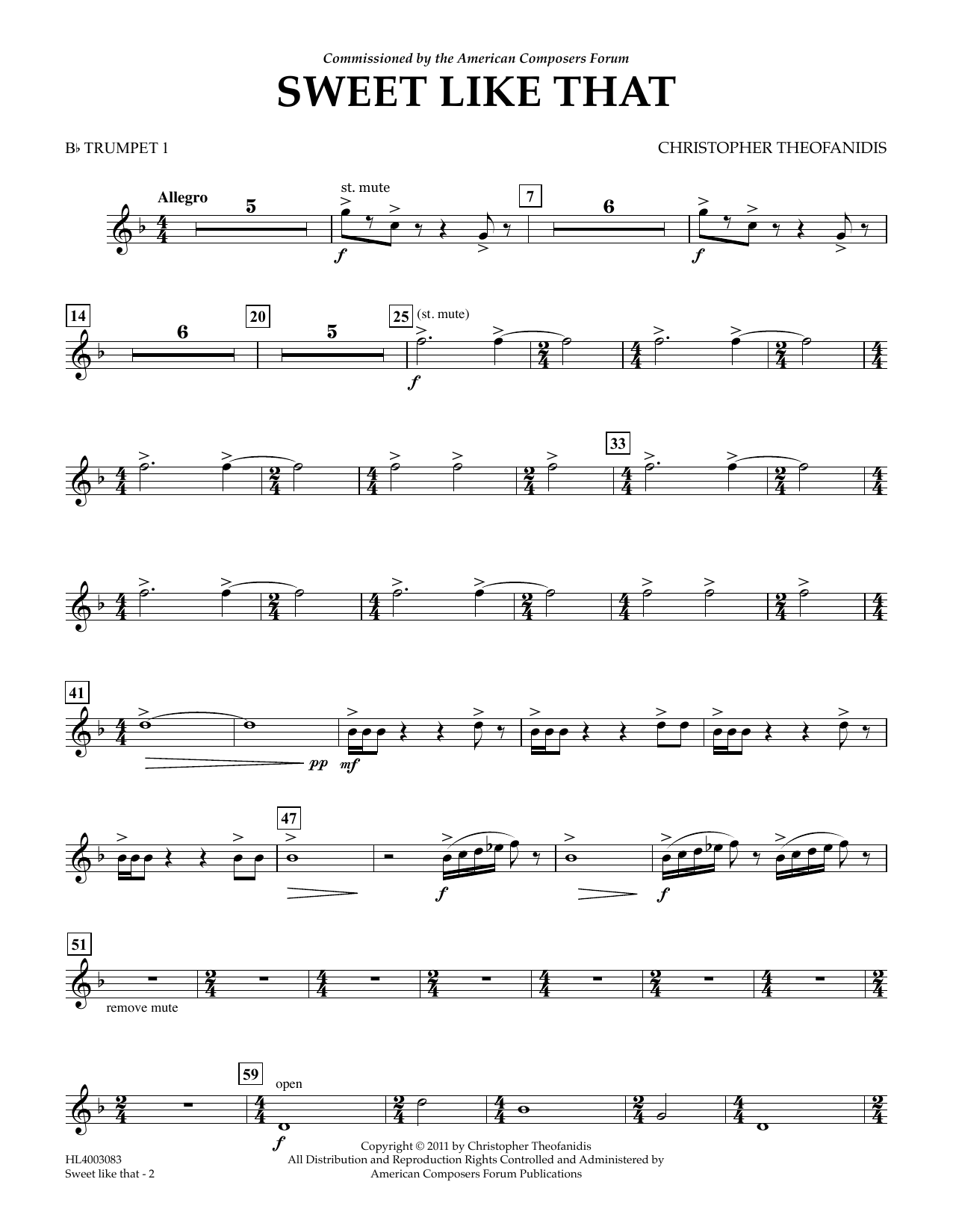 Download Christopher Theofanidis Sweet like that - Bb Trumpet 1 Sheet Music and learn how to play Concert Band PDF digital score in minutes
