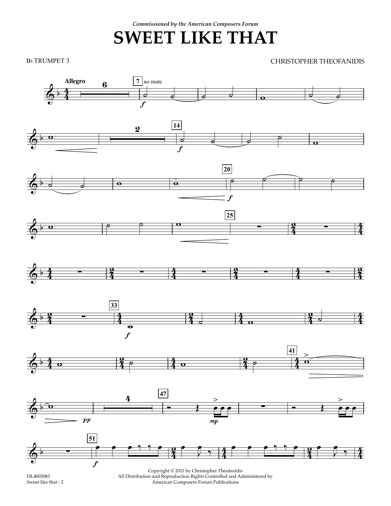 Download Christopher Theofanidis Sweet like that - Bb Trumpet 3 Sheet Music and learn how to play Concert Band PDF digital score in minutes