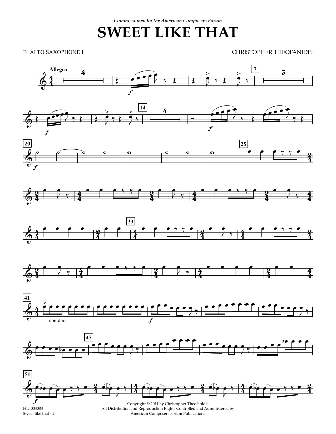 Download Christopher Theofanidis Sweet like that - Eb Alto Sax 1 Sheet Music and learn how to play Concert Band PDF digital score in minutes
