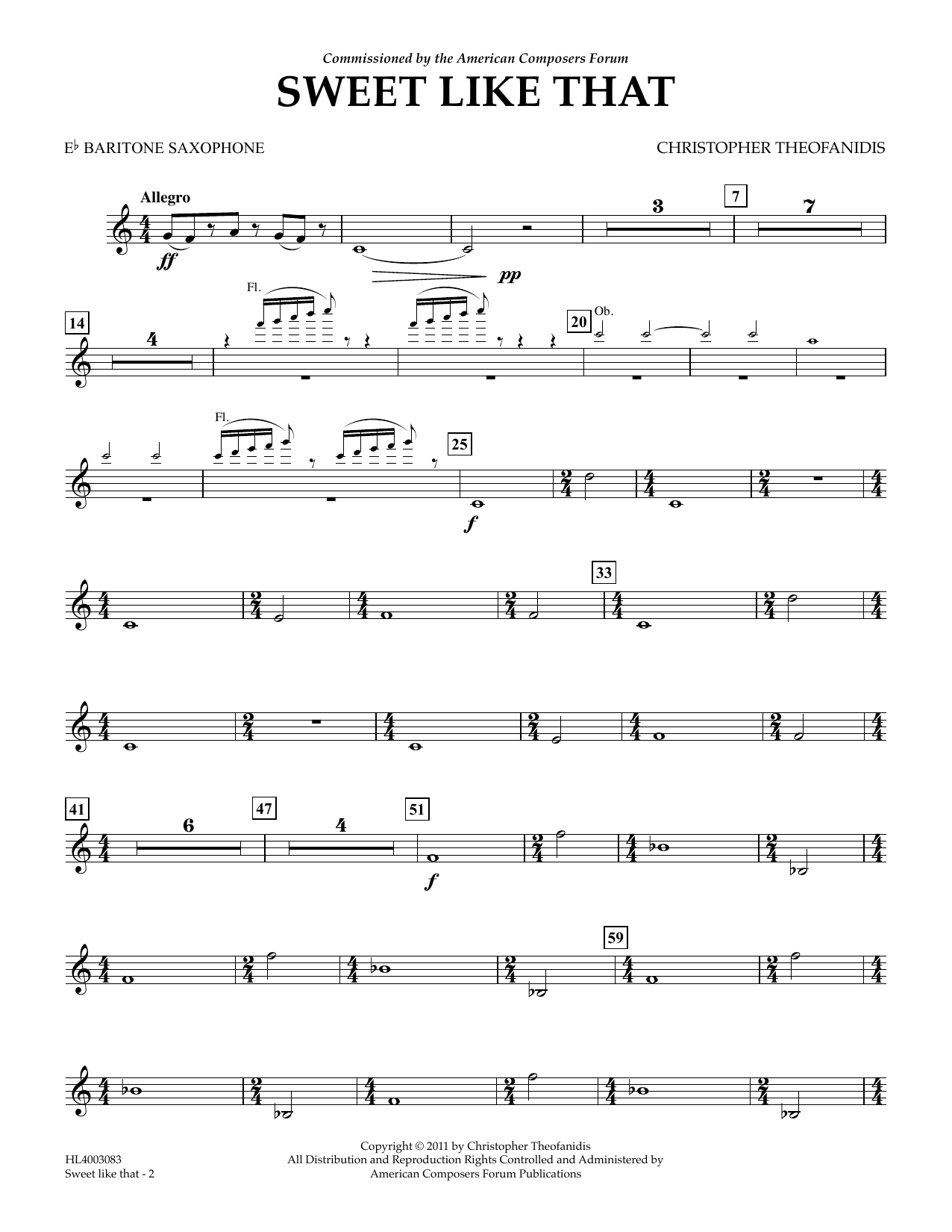 Download Christopher Theofanidis Sweet like that - Eb Baritone Saxophone Sheet Music and learn how to play Concert Band PDF digital score in minutes