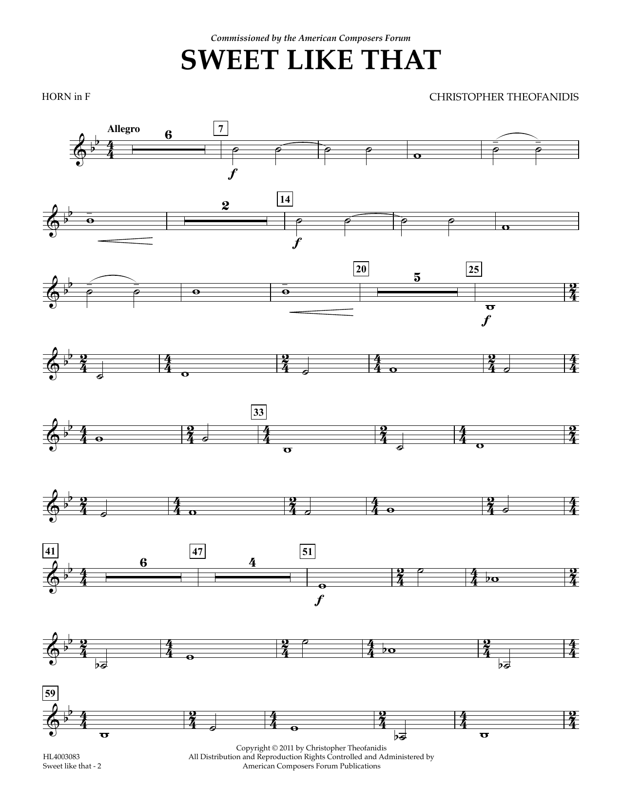 Download Christopher Theofanidis Sweet like that - Horn in F Sheet Music and learn how to play Concert Band PDF digital score in minutes