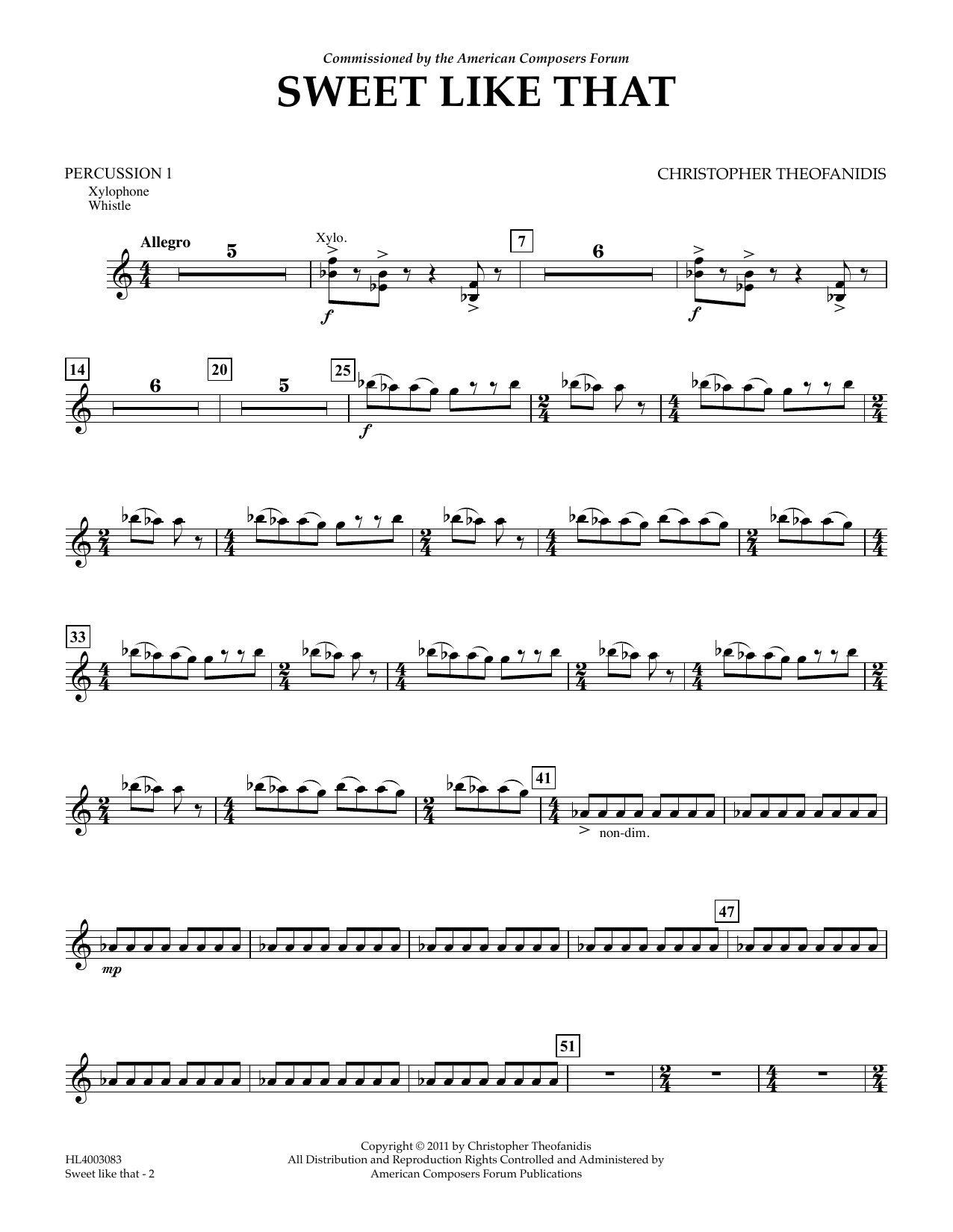 Download Christopher Theofanidis Sweet like that - Percussion I Sheet Music and learn how to play Concert Band PDF digital score in minutes