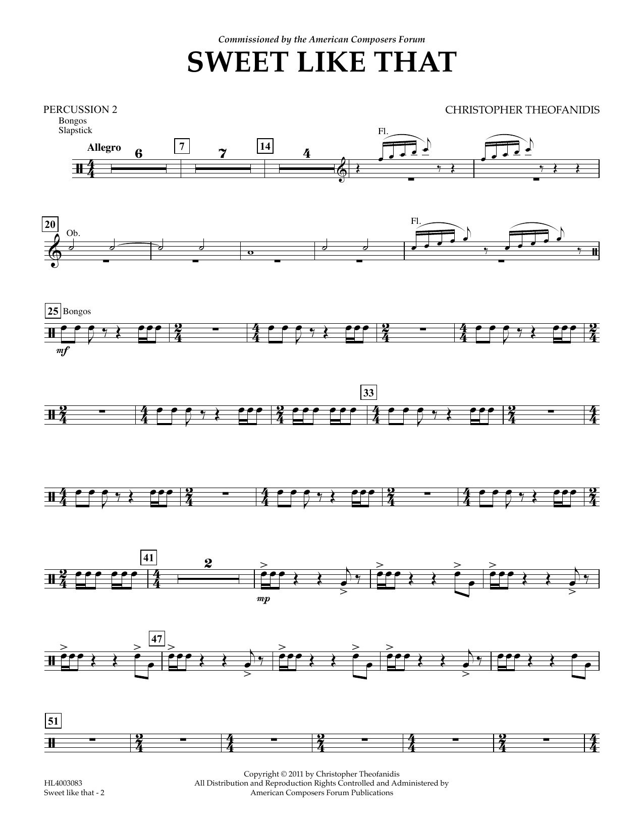 Download Christopher Theofanidis Sweet like that - Percussion II Sheet Music and learn how to play Concert Band PDF digital score in minutes