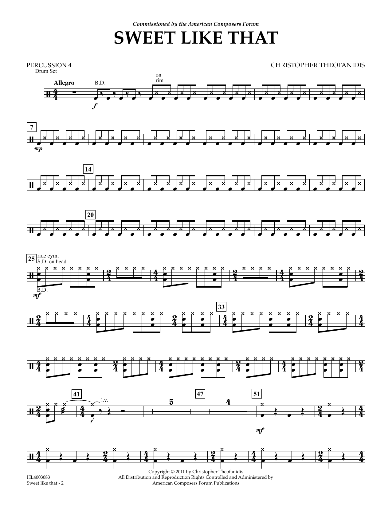Download Christopher Theofanidis Sweet like that - Percussion IV Sheet Music and learn how to play Concert Band PDF digital score in minutes