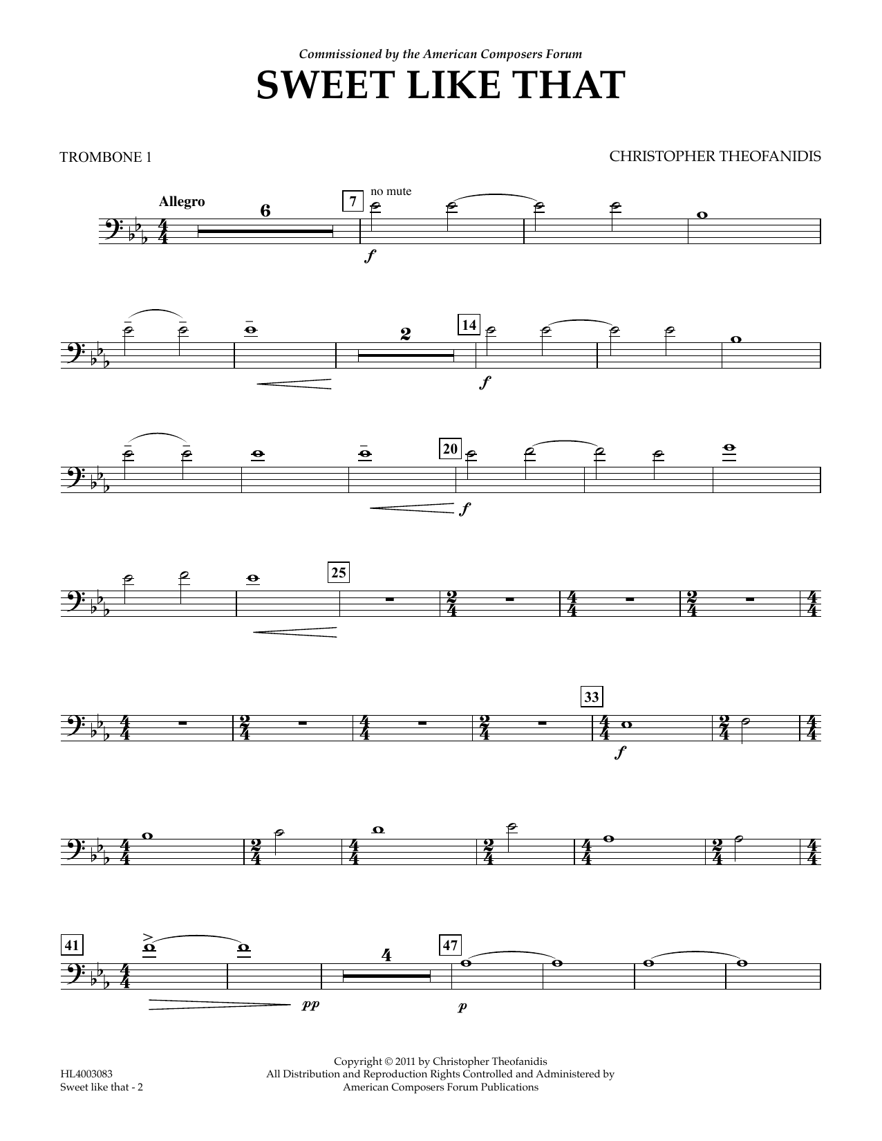 Download Christopher Theofanidis Sweet like that - Trombone 1 Sheet Music and learn how to play Concert Band PDF digital score in minutes