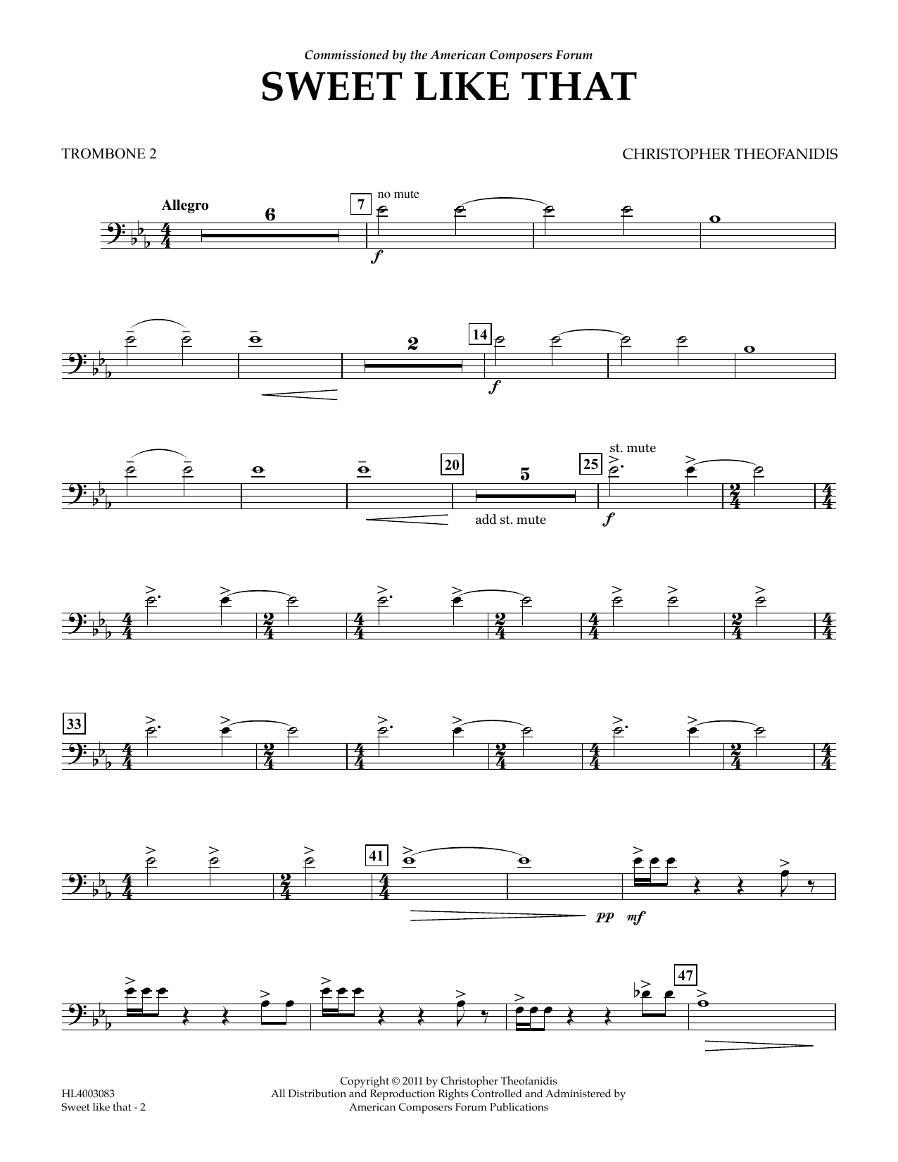 Download Christopher Theofanidis Sweet like that - Trombone 2 Sheet Music and learn how to play Concert Band PDF digital score in minutes