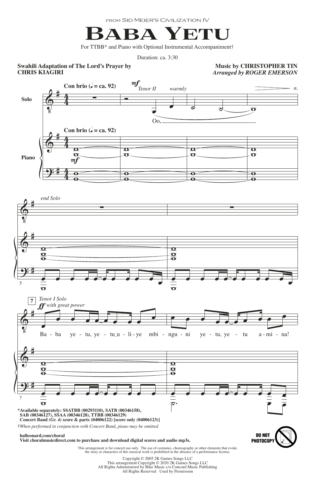 Download Christopher Tin Baba Yetu (from Civilization IV) (arr. Roger Emerson) Sheet Music and learn how to play TTBB Choir PDF digital score in minutes