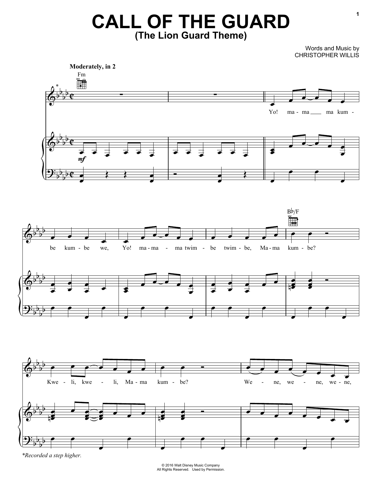 Download Christopher Willis Call Of The Guard (The Lion Guard Theme) Sheet Music and learn how to play Piano, Vocal & Guitar (Right-Hand Melody) PDF digital score in minutes