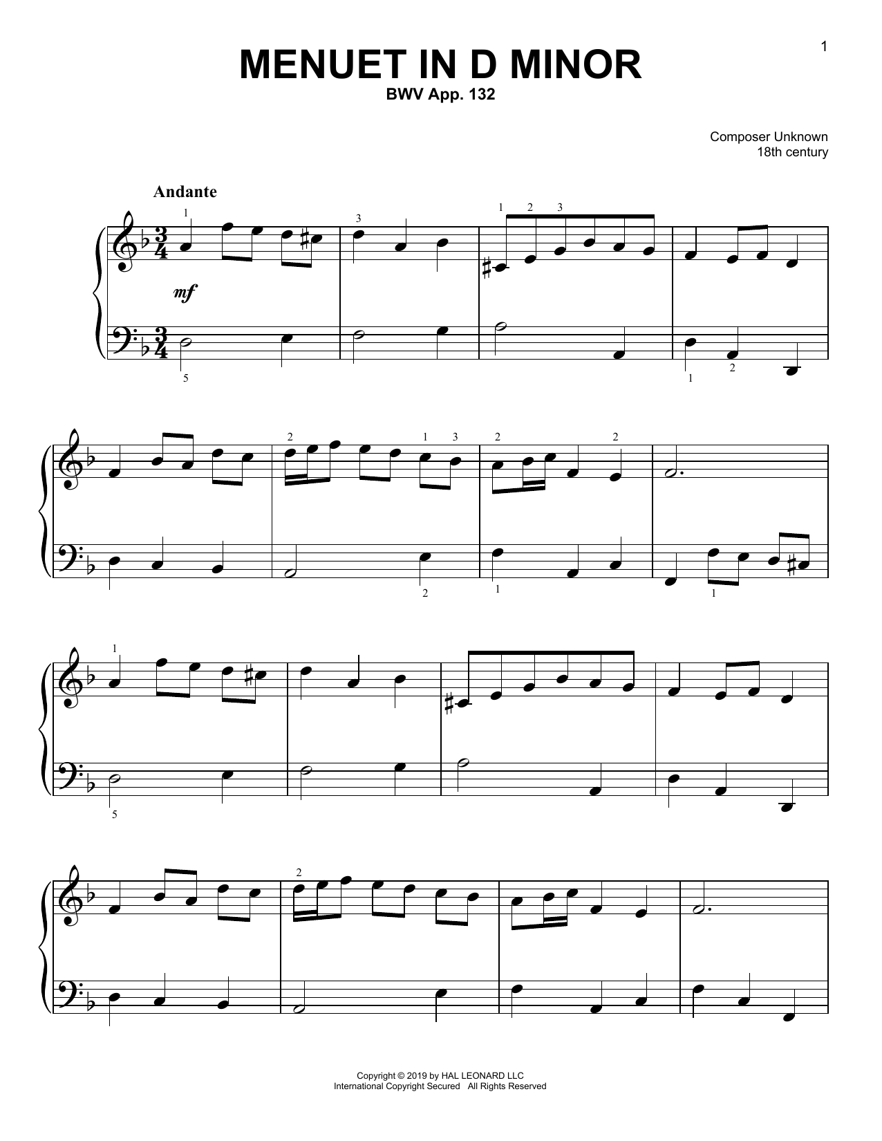 Download Christos Tsitsaros Menuet In D Minor, BWV App. 132 Sheet Music and learn how to play Easy Piano PDF digital score in minutes