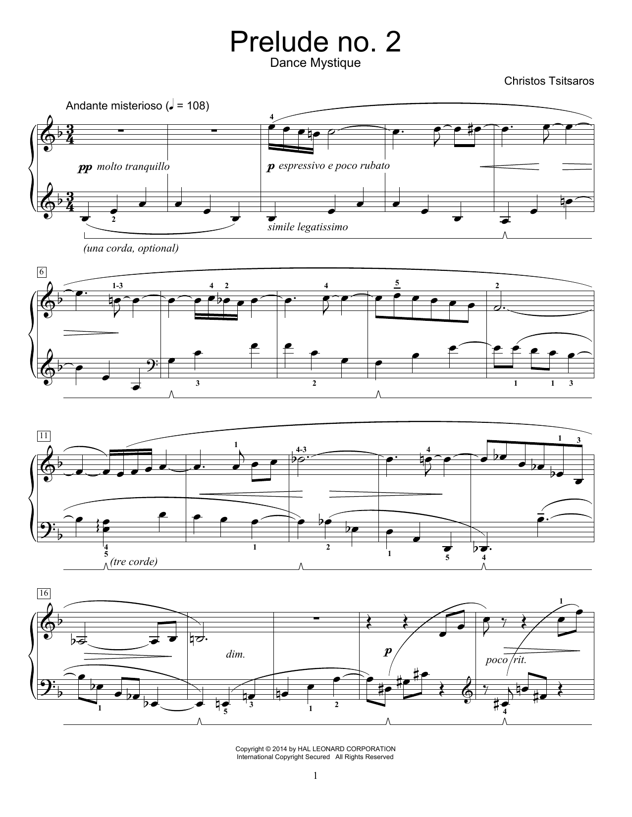 Download Christos Tsitsaros Prelude No. 2 - Dance Mystique Sheet Music and learn how to play Easy Piano PDF digital score in minutes