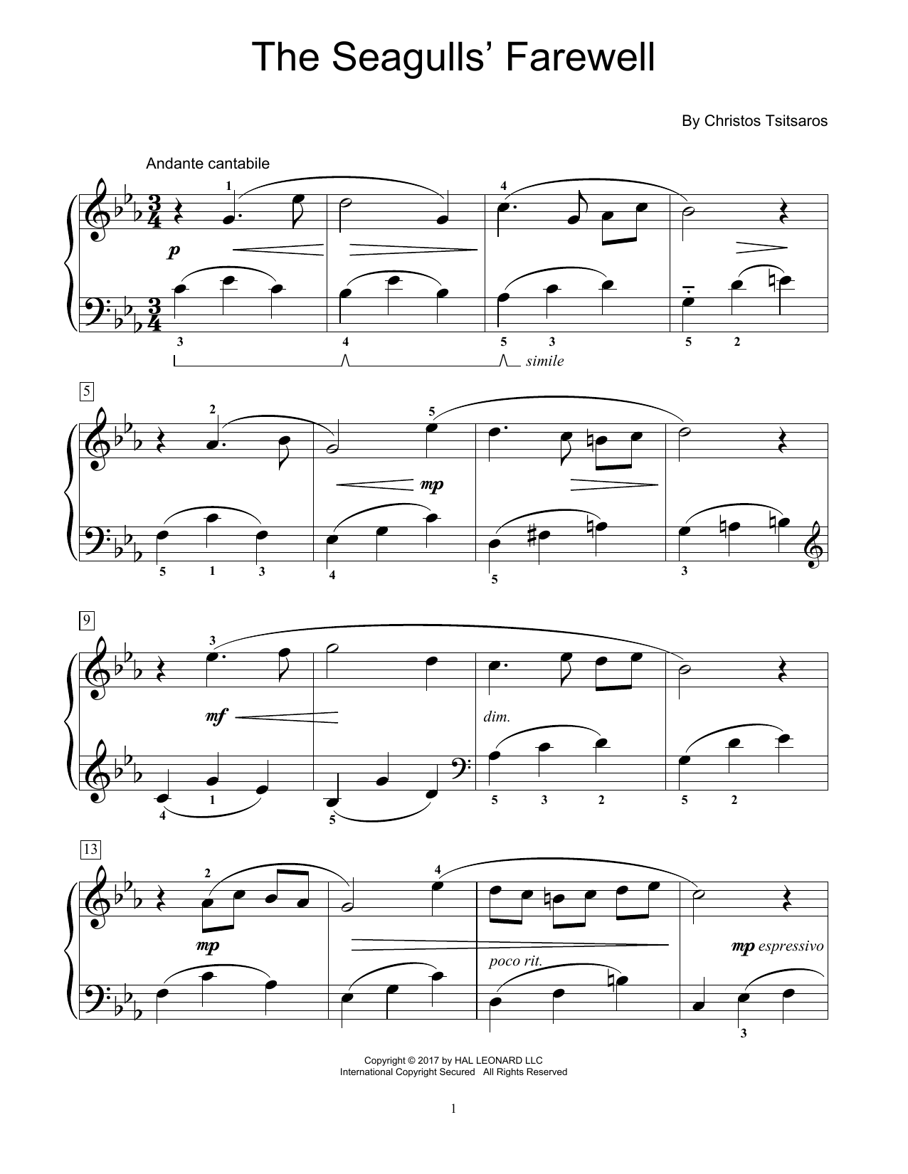 Download Christos Tsitsaros The Seagulls' Farewell Sheet Music and learn how to play Educational Piano PDF digital score in minutes