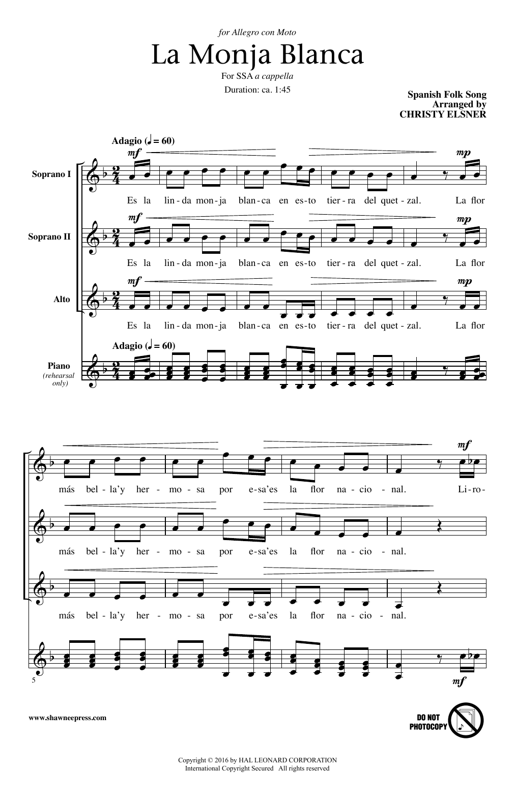Download Christy Elsner La Monja Blanca Sheet Music and learn how to play SSA PDF digital score in minutes