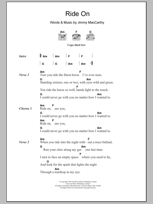 Download Christy Moore Ride On Sheet Music and learn how to play Lyrics & Chords PDF digital score in minutes