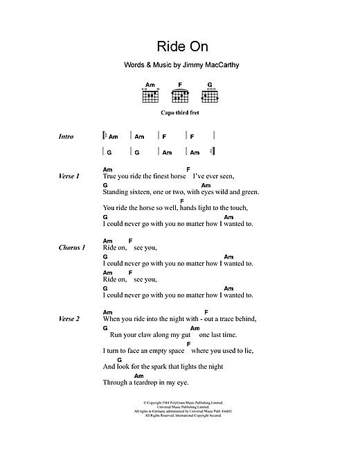 Download Christy Moore Ride On Sheet Music and learn how to play Lyrics & Chords PDF digital score in minutes