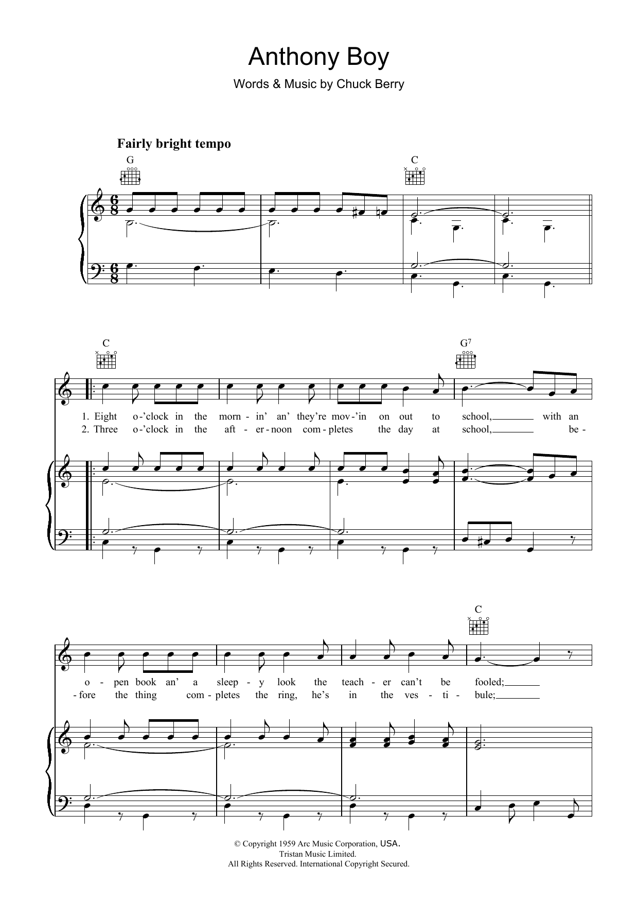 Download Chuck Berry Anthony Boy Sheet Music and learn how to play Piano, Vocal & Guitar (Right-Hand Melody) PDF digital score in minutes