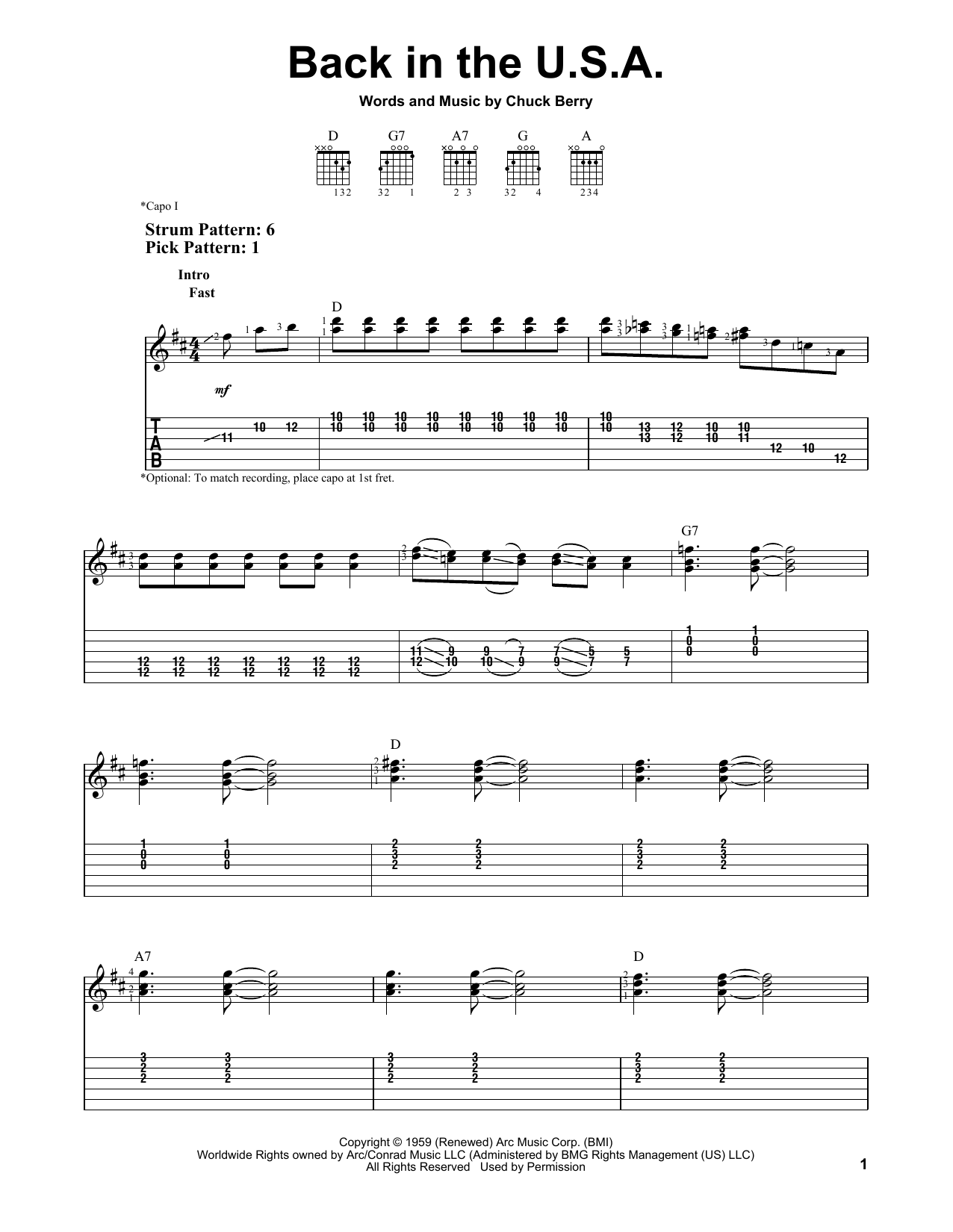 Download Chuck Berry Back In The U.S.A. Sheet Music and learn how to play Easy Guitar Tab PDF digital score in minutes