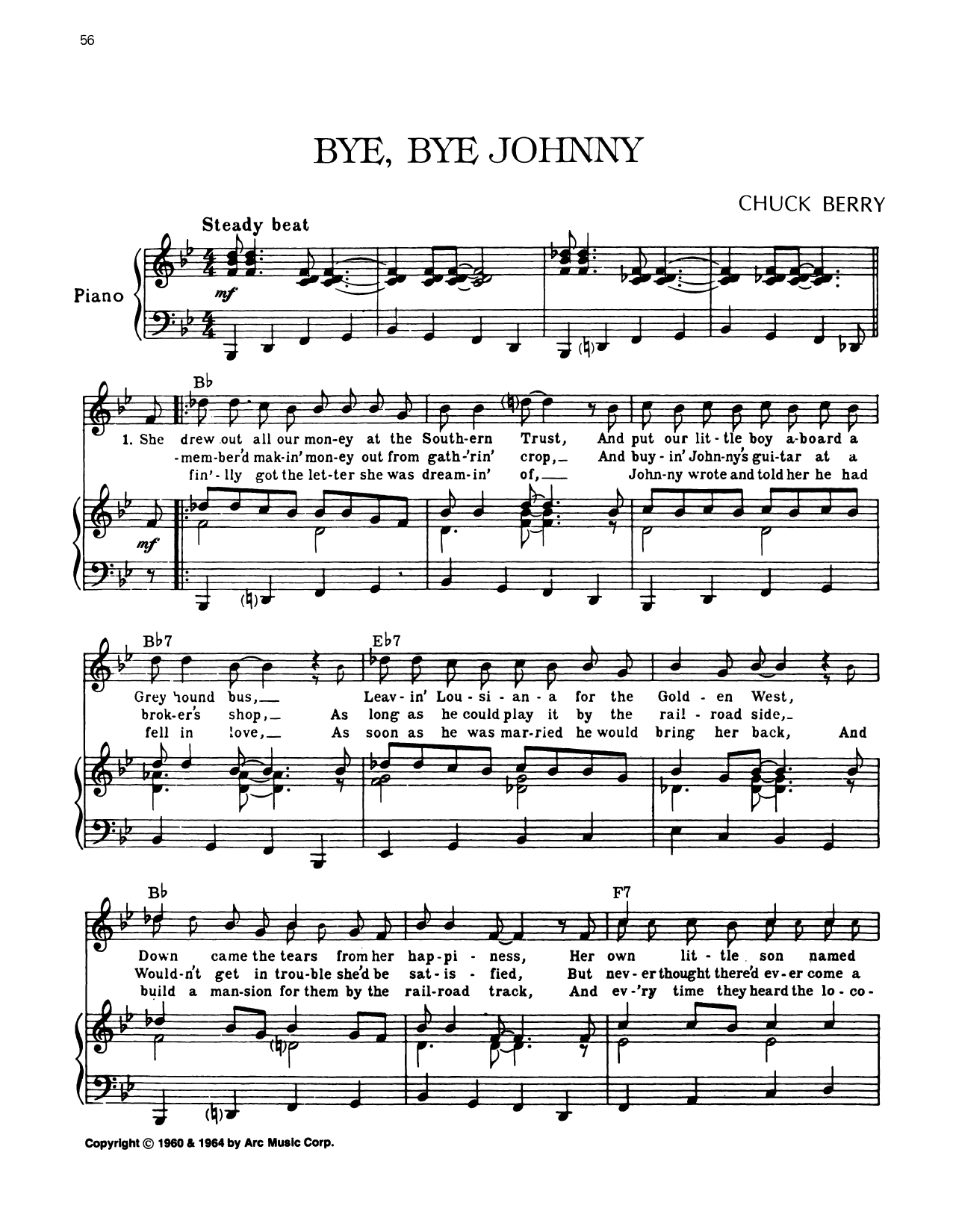 Download Chuck Berry Bye, Bye Johnny Sheet Music and learn how to play Piano, Vocal & Guitar Chords (Right-Hand Melody) PDF digital score in minutes